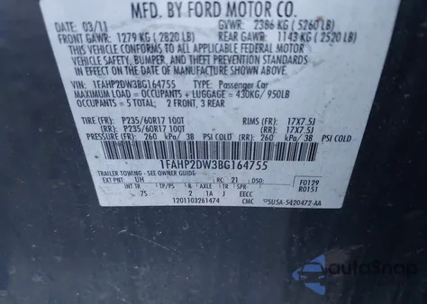 2011 Ford Taurus Se z USA, uszkodzony, nr VIN 1FAHP2DW3BG164755
